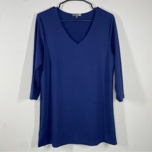 Judy P Women’s V-Neck Top Size Large Navy  Blue 3/4 Sleeves Stretch Made In USA